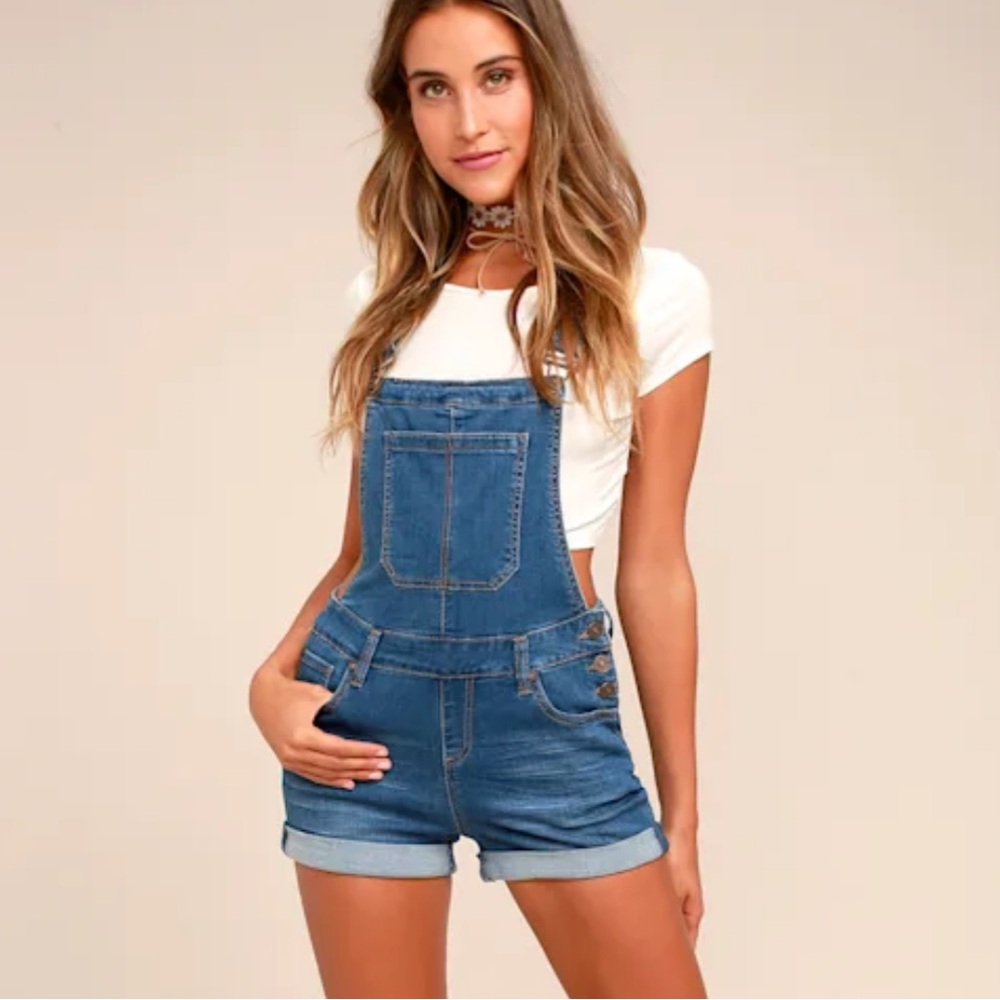 Lulus Enjean| Medium Wash Blue Denim Short Overalls - Women Jeans
